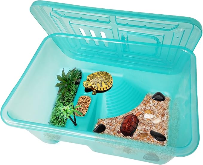 Fhiny Turtle Tank with Lid, Plastic Reptile Terrarium Turtle Breeding Box with Basking Platform Tortoise Aquarium for Crayfish Hermit Crabs Geckos Lizards Habitat Prevent Escaping (Medium)-PurrikoPets