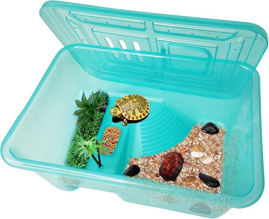 Fhiny Turtle Tank with Lid, Plastic Reptile Terrarium Turtle Breeding Box with Basking Platform Tortoise Aquarium for Crayfish Hermit Crabs Geckos Lizards Habitat Prevent Escaping (Small)-PurrikoPets