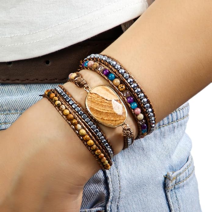 ZOSOJONA Women Wrap Bracelet Boho Natural Jasper Crystal Stone Beads Strand Bracelets