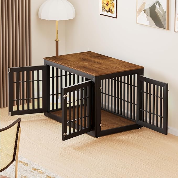 48" Heavy Duty Dog Crate Furniture for Small,Medium and Large Dogs,Rustic Wooden Dog Cage Kennel Indoor Furniture with Waterproof Top,Decorative Pet House Side End Table (Black & Wood)-PurrikoPets