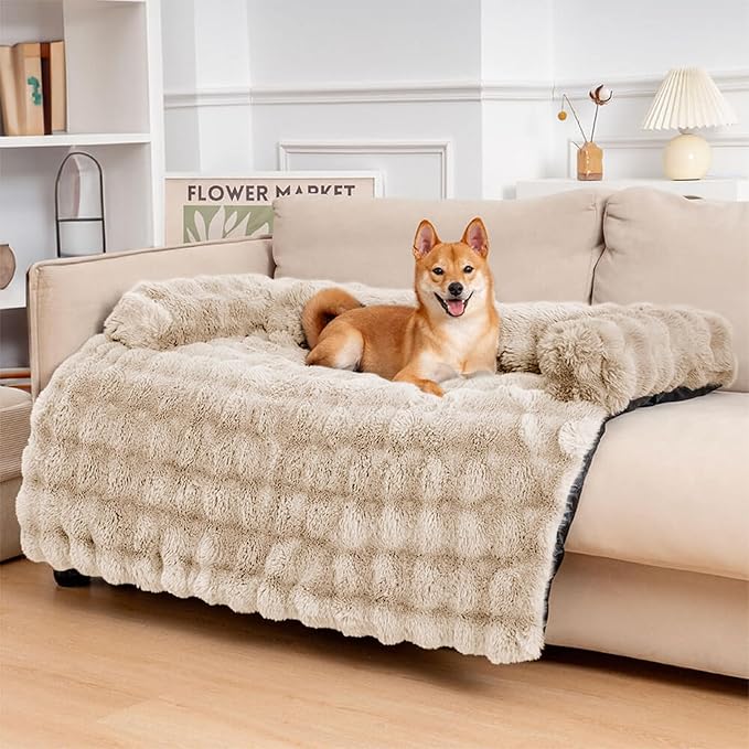 FUNNY FUZZY Pet Fluffy Plush Calming Dog Couch Bed Sofa Protector Washable Pets Mat for Large Medium Small Dogs and Cats (Coffee,47.24 × 37.4 × 6.3 in)-PurrikoPets