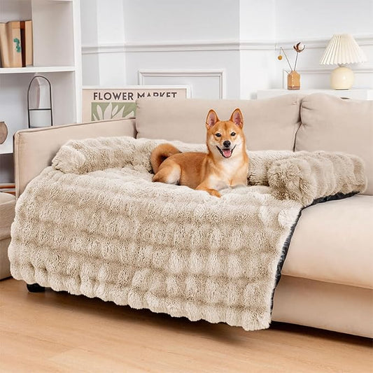 FUNNY FUZZY Pet Fluffy Plush Calming Dog Couch Bed Sofa Protector Washable Pets Mat for Large Medium Small Dogs and Cats (Coffee,47.24 × 37.4 × 6.3 in)-PurrikoPets