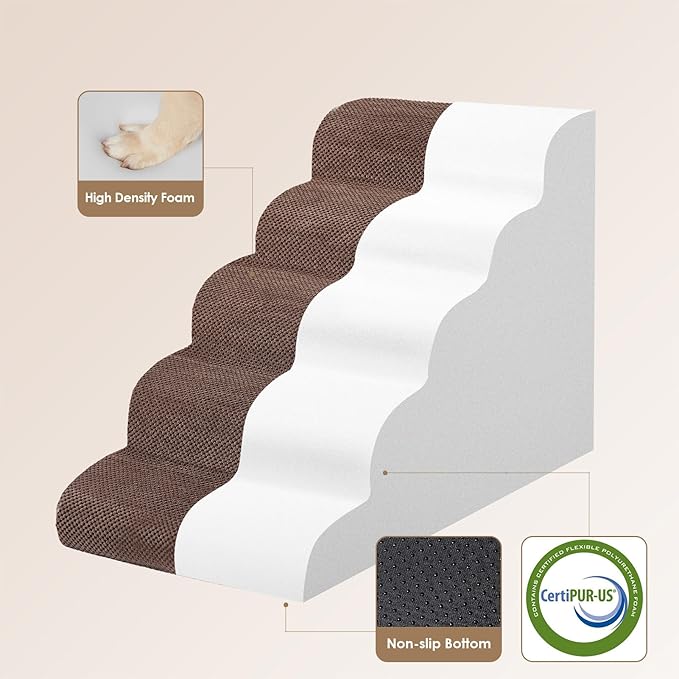 EHEYCIGA Curved Dog Stairs Ramp for High Beds, 5-Step Extra Wide Dog Steps for Small Dogs and Cats, Pet Stairs for High Bed Climbing, Non-Slip Balanced Pet Step Indoor, Brown-PurrikoPets