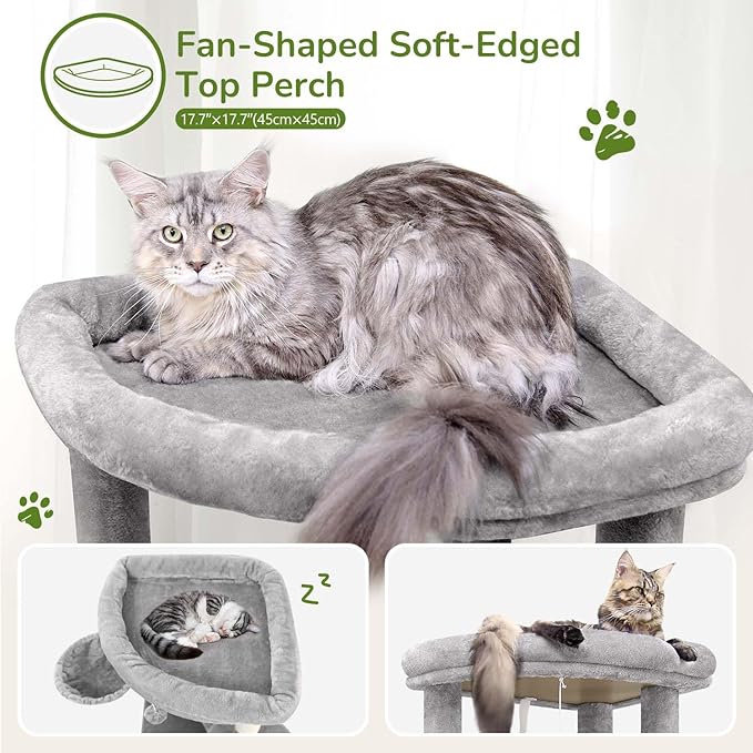 Globlazer Corner Cat Tree Tower for Indoor Cats, 51in Multi-Level Cat Condo Tower with Large Hammock, 7 Sisal Scratching Posts, Oversized Top Perch, Spacious Cat Cave, Hanging Basket, C51, Light Gray-PurrikoPets