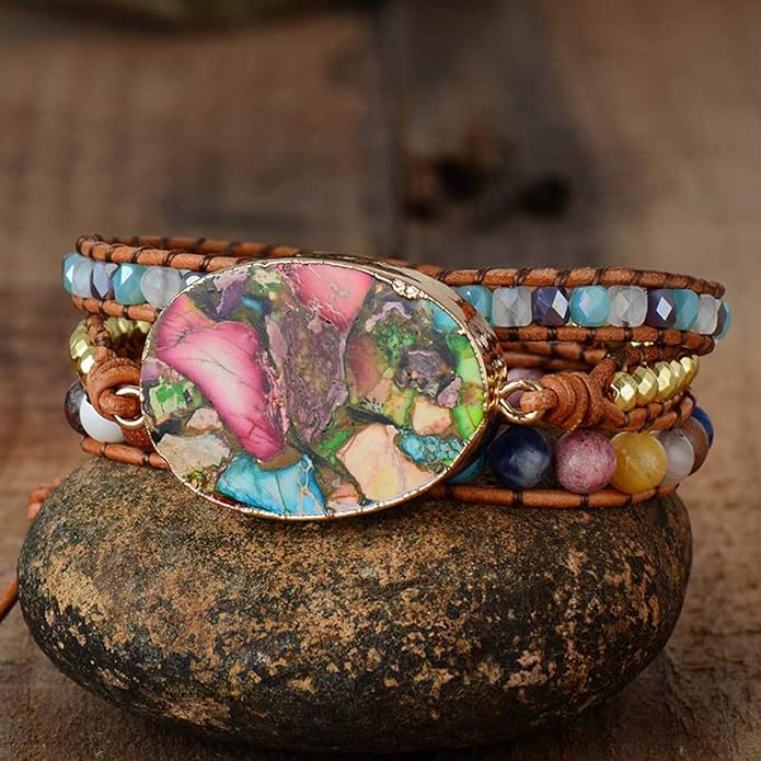 ZOSOJONA Women Wrap Bracelet Boho Natural Jasper Crystal Stone Beads Strand Bracelets