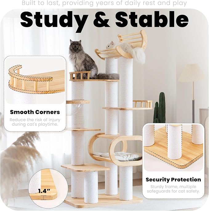 74.8" Modern Cat Tree for Indoor Cats, Tall Wood Cat Tower with Scratching Post, Heavy Duty Luxury Condo with Removable Mats, Multi-Level Cat Furniture for Cats-PurrikoPets