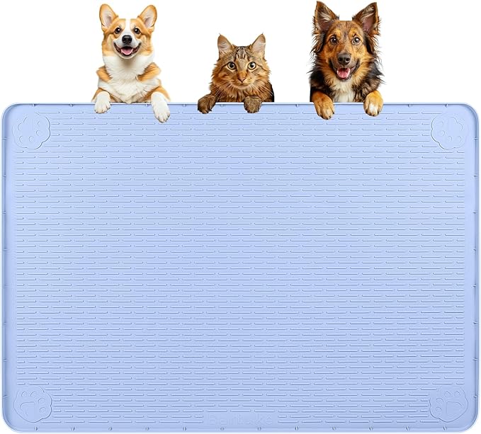 Dog Food Mat, Extra Large 40" x 28" Silicone Pet Feeding Mat with Raised Edge Pet Placemat for Small, Medium, and Large Pets Non-Slip, Easy to Clean (Blue)-PurrikoPets
