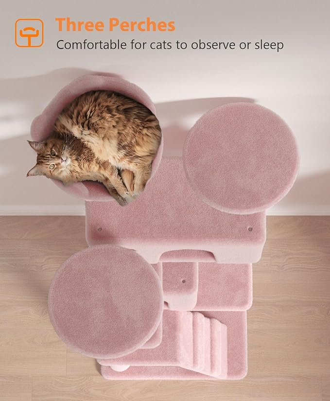 60'' Cat Tree Tower for Indoor Cats Large Adult,Cute/Tall Modern Cat Tree for Big Cats 20 lbs, Plush Multi-Level Cat Condo with Scratching Posts,Dangling for Fun Play (Soft Pink, 60 inch)-PurrikoPets