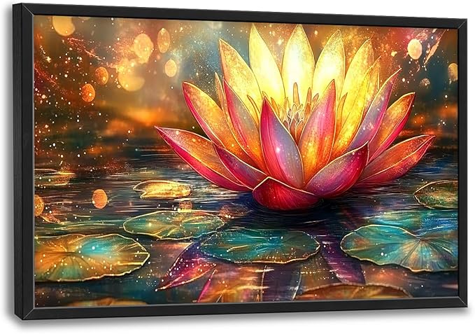 Framed Large Lotus Wall Art for Living Room, Oversized Lotus Flower Wall Decor Zen Golden Floral Canvas Painting Modern Artwork Home Decoration for Living Room Bedroom Office 36"x24"-PurrikoPets