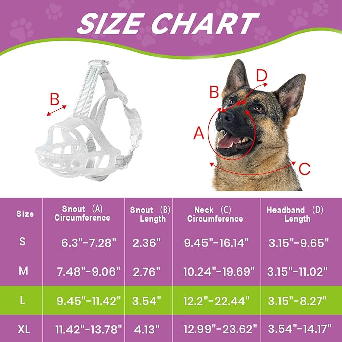 Glow-in-The-Dark Dog Muzzle, Basket Muzzle for Small Medium Large Dogs,Anti-Biting Chewing, Lightweight Cage Design,Allows Drinking & Panting,for Grooming & Training (Transparent Size L)-PurrikoPets