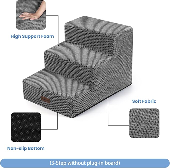 Dog Stairs for Small Dogs & Cats,3-Step Extra Wide Non-Slip Pet Steps for Couch Sofa and Chair,Grey,15.7" H-PurrikoPets
