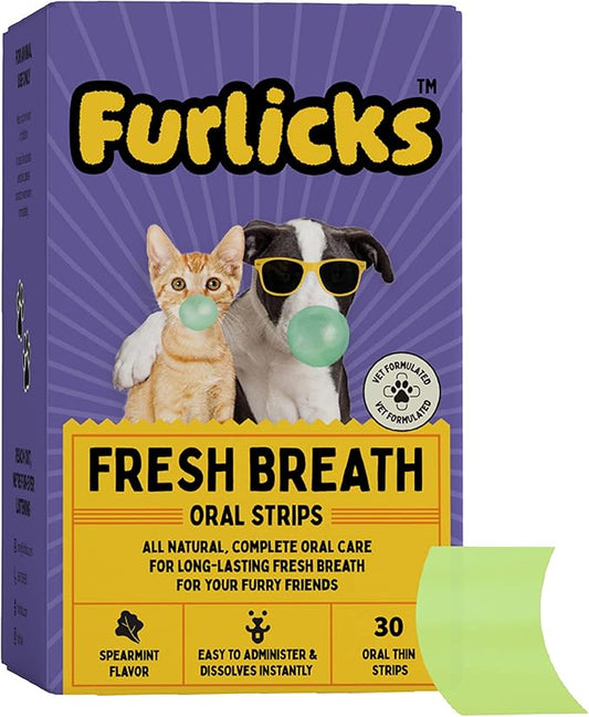 Fresh Breath Oral Strips for Dogs & Cats | Natural Spearmint & Thymol for Easy and Convenient, All-Natural Oral Care (30 Oral Dissolving Strips)-PurrikoPets