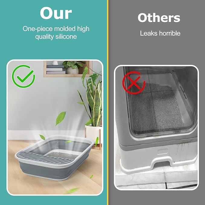 Foldable Cat Litter Box, Large Height-Adjustable Anti-Splash Open Air Kitty Litter Pan, Easy Clean with Scoop (Gray)-PurrikoPets