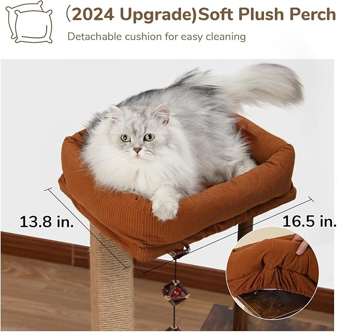 FUKUMARU Cat Scratching Post, Modern Style Cat Tree with Unique Square Post, Wooden Cat Tower with silvervine Balls, Retro Cat Condo Scratcher for Indoor Cats（Solid Wood）-PurrikoPets