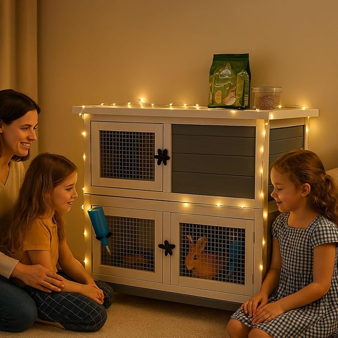 2 Story Solid Wood Rabbit/Bunny Hutch with 2 Large Main Rooms, Indoor Outdoor Rabbit House Guinea Pig Cage Pet House for Small Animals with Ventilation Door Removable Tray Waterproof Roof (Grey)-PurrikoPets