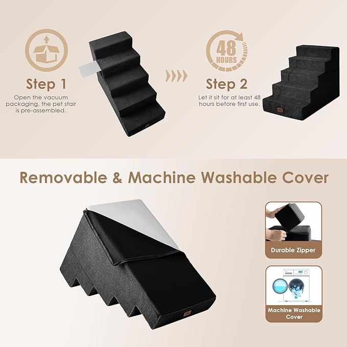 EHEYCIGA Dog Stairs for High Bed 25" H, 5-Step Extra Wide Dog Steps for Bed, Pet Steps for Small Dogs and Cats, Non-Slip Balanced Pet Ramp Indoor, Black-PurrikoPets