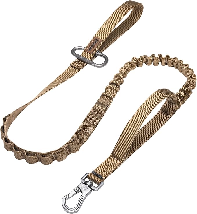 EXCELLENT ELITE SPANKER Tactical Bungee Dog Leash Military Adjustable Dog Leash Quick Release Elastic Leads Rope with 2 Control Handle(Coyote Brown)-PurrikoPets