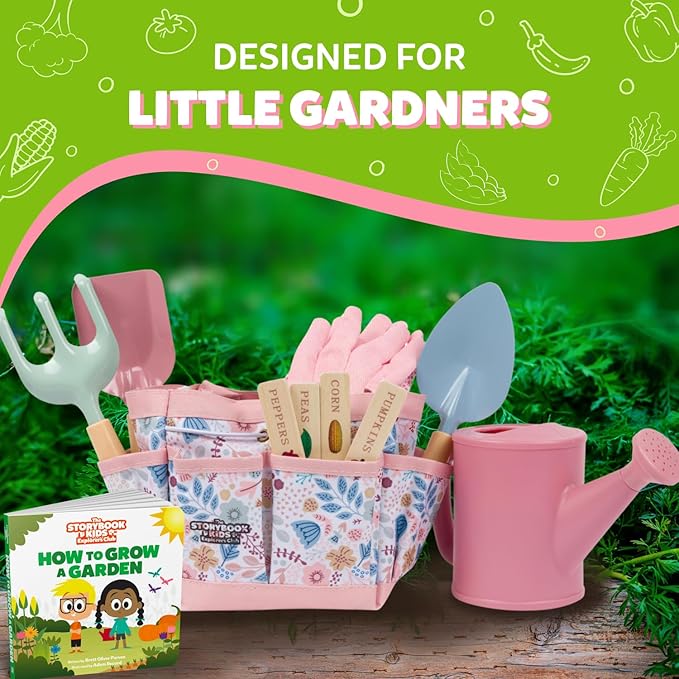Floral Garden Kit Tools - Includes Sturdy Tote Bag, Watering Can, Gloves, Shovels, Rake, and Delightful Children's Book - Kids Garden Tool Set -Easter Gifts for Toddler Age on up-PurrikoPets