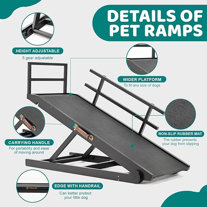 Dog Ramp for Bed, Adjustable Pet Ramps for Dog to Get on Bed, Non-Slip Rubber Surface - Folding Wooden Dog Ramp for Small/Large/Old Dogs, Adjustable up to 23.5 inch High Beds, Safety Railings-PurrikoPets