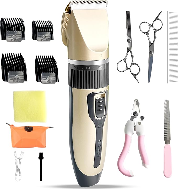 Dog Pet Grooming Kit Low Noise - Cordless Rechargeable Clippers for Dogs/Cats - Upgraded Accessory Version with Two Scissors and a Storage Bag (Gold)-PurrikoPets