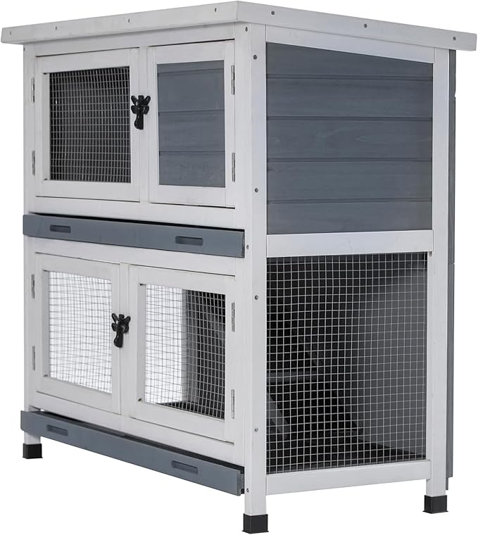 2 Story Solid Wood Rabbit/Bunny Hutch with 2 Large Main Rooms, Indoor Outdoor Rabbit House Guinea Pig Cage Pet House for Small Animals with Ventilation Door Removable Tray Waterproof Roof (Grey)-PurrikoPets