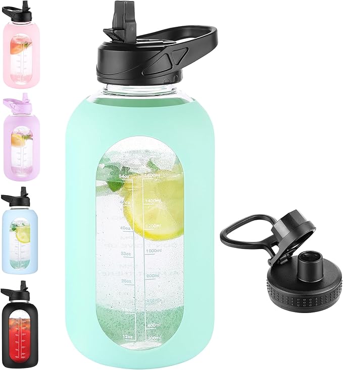 64 oz Glass Water Bottle With Straw and Handle, Half Gallon Sports Motivational Water Jug Flask with Silicone Sleeve, Large Water Cup with Time Marker for Travel, Gym, Seafoam-PurrikoPets