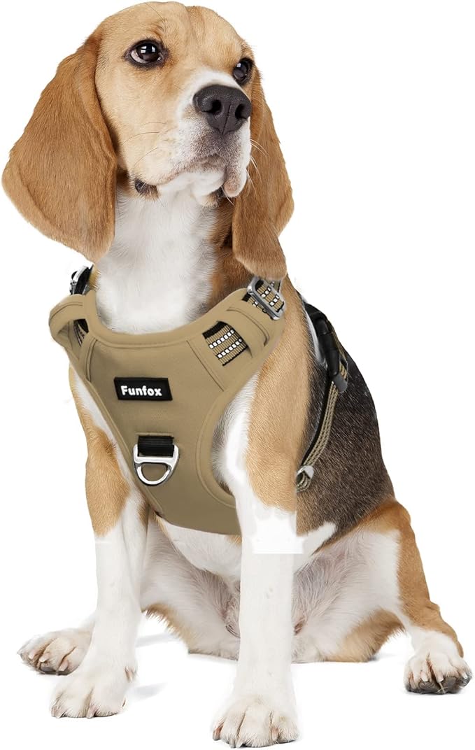 Funfox Dog Harness No Pull, Adjustable Pet Vest Harness, Super Soft Material with Vertical Handle Easy Control, Reflective Night Walking, 2 Leash Clips for Medium Sized Dogs, Brown, M-PurrikoPets