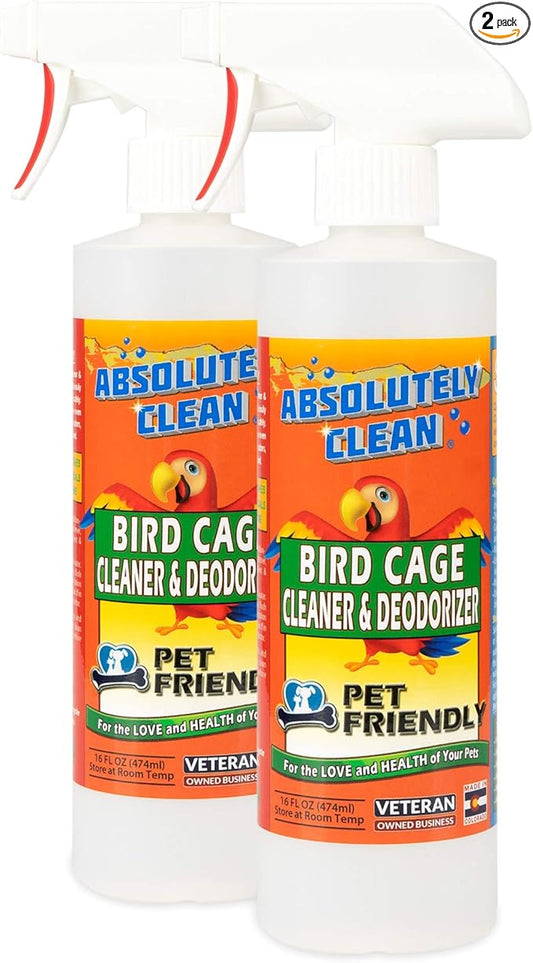 Absolutely Clean Amazing Bird Cage Cleaner and Deodorizer - Just Spray/Wipe - Safely & Easily Removes Bird Messes Quickly and Easily - Made in The US - Fragrance Free - 16oz (Pack of 2)-PurrikoPets