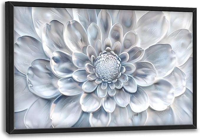Abstract Flower Large Wall Art White Silver Floral Pictures Wall Decor Neutral Canvas Print Painting Artwork for Bathroom Living Room Bedroom 36L" x 24W"-PurrikoPets