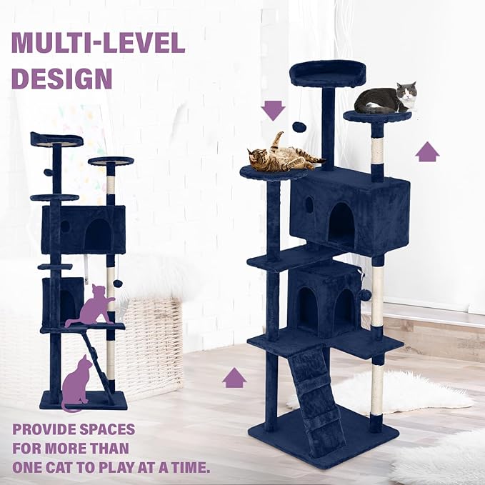 70 Inches Multi-Level Cat Tower for Indoor Cats - XL Tree Climbing Condo With Scratching Posts and Hanging Toys, Navy Blue-PurrikoPets