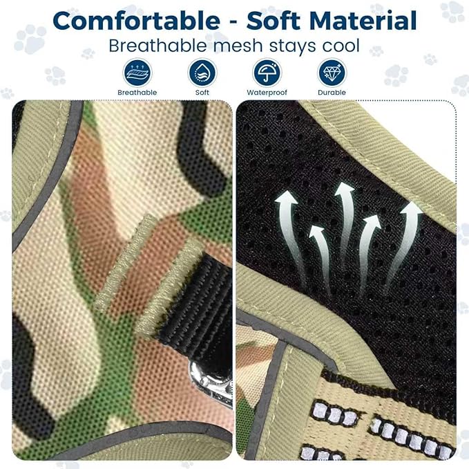 Funfox Dog Harness No Pull, Adjustable Pet Vest Harness, Super Soft Material with Vertical Handle Easy Control, Reflective Night Walking, 2 Leash Clips for XLarge Dogs, Camo Green, XL-PurrikoPets