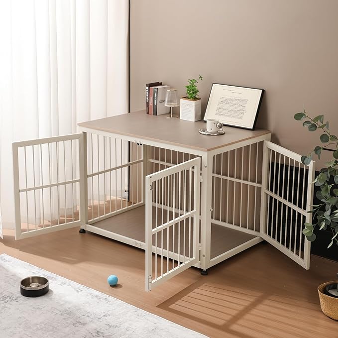 48" Rustic Heavy Duty Dog Crate Furniture for Extra Large Dogs, Decorative Pet House End Table, Wooden Cage Kennel Furniture Indoor, Double-Doors Sturdy Dog Cage-PurrikoPets