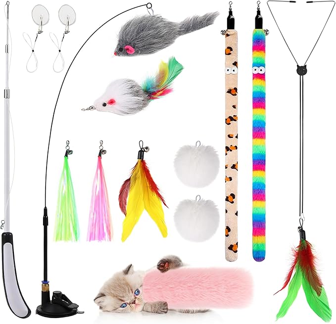 4-in-1 Interactive Cat Feather Toys with Durable Retractable Fishing Pole, Enhanced Suction Cup Toy, Door Hanging Teaser Toy and 11 Attachments Replacements for Bored Indoor Adult Cats-PurrikoPets