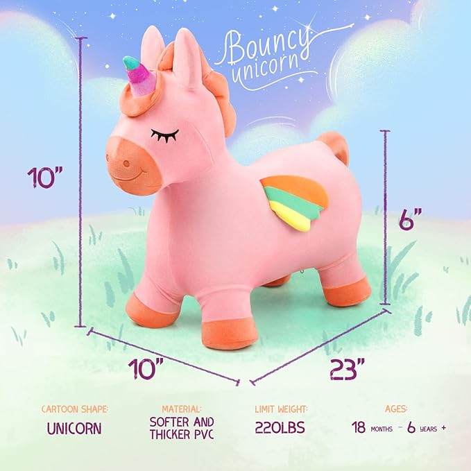 EVERICH TOY Bouncy Horse Unicorn Toys, Inflatable Bouncing Animal Hopping Toys, Outdoor Indoor Ride on Bouncer, Boys Girls Birthday Gift for 18 Month 2 3 4 5 6 Year Old Kid- Plush Unicorn Toy-PurrikoPets