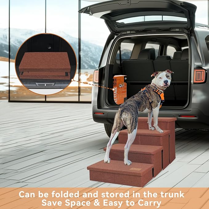 Dog Stairs with Condo 23" H, 4-Step Wider Dog Steps for High Beds Window, Folding Storage Pet Stairs Gift for Small/Medium/Large Old Dogs Cats, Ramp for Climbing Car Hold Up to 200 lbs, Brown-PurrikoPets