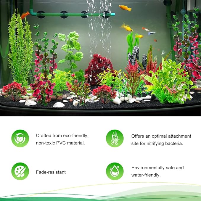 18-Piece Artificial Aquarium Plants Decorations – Large Set with Red & Green Foliage, Fish Tank Decor for Betta, Goldfish, Freshwater & Saltwater Tanks, Weighted Bases-PurrikoPets