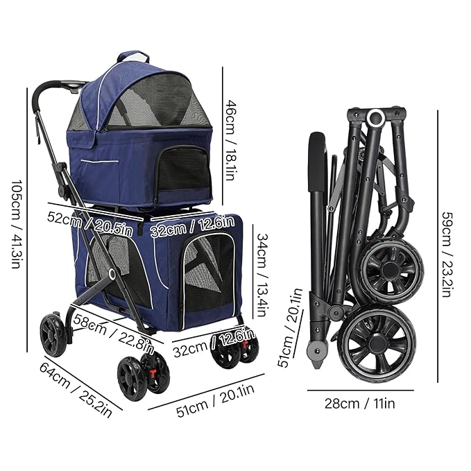 Double Pet Stroller,3.07lbs Dog Cat Carrying Cart,Lightweight Foldable Pet Stroller with 4 Wheels,Blue Portable Compact Pet Travel Cart for Small Dogs and Cats (Blue)-PurrikoPets