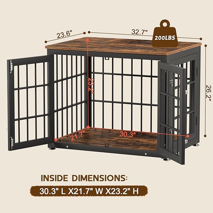32 Inch Heavy Duty Dog Crate Furniture for Medium and Small Dogs, Decorative Pet House End Table, Wooden Cage Kennel Furniture Indoor, Rustic Brown-PurrikoPets