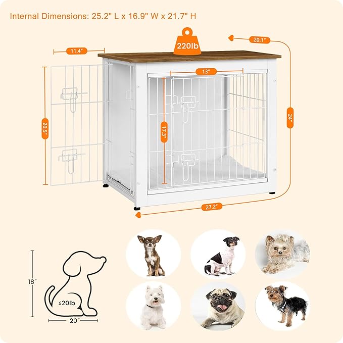 DWANTON Dog Crate Furniture with Cushion, Wooden Kennel Table with Double Doors, Indoor Dog House, Small/Medium/Large Size, 27.2" L, White+Warm Brown-PurrikoPets