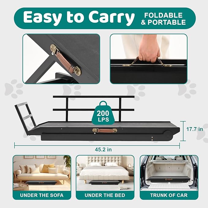 Dog Ramp for Bed, Adjustable Pet Ramps for Dog to Get on Bed, Non-Slip Rubber Surface - Folding Wooden Dog Ramp for Small/Large/Old Dogs, Adjustable up to 23.5 inch High Beds, Safety Railings-PurrikoPets