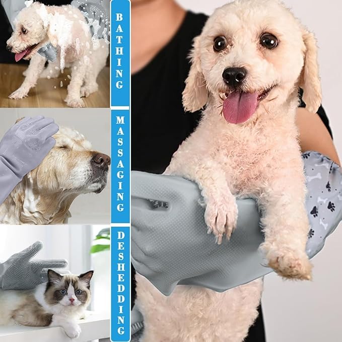 Dog Washing Gloves, Pet Grooming Gloves with Soft Brushes, Bathing and Massaging for Dogs and Cats, Silicone Heat Resistant Cleaning Gloves with High-Density Teeth (Gray)-PurrikoPets