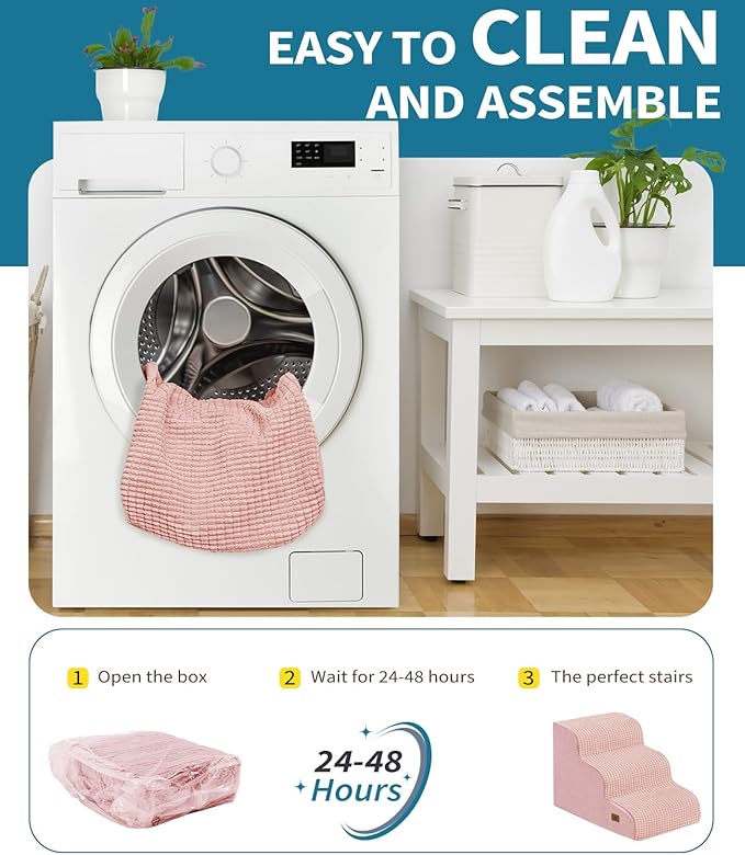 Dog Step for Bed, Dog Stair 3-Step 35D Pet Stair 15.7" H for High Bed or Sofa Non-Slip Balanced Pet Step Indoor, Pink-PurrikoPets