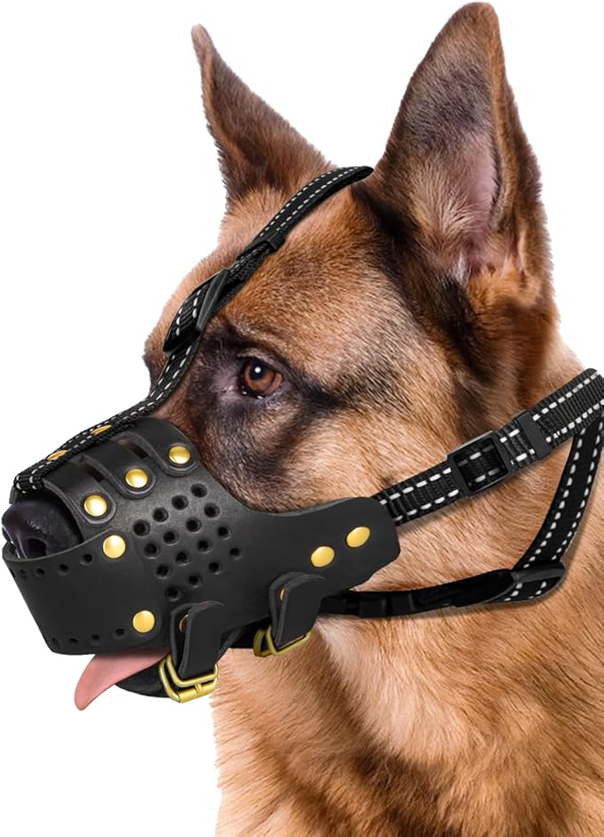 Dog Muzzle, Leather Basket Soft Muzzles Medium Large Breeds, Pitbull Dog Muzzle Amstaff Staffordshire Terrier, German Shepherd Dalmatian Doberman Adjustable (M)-PurrikoPets