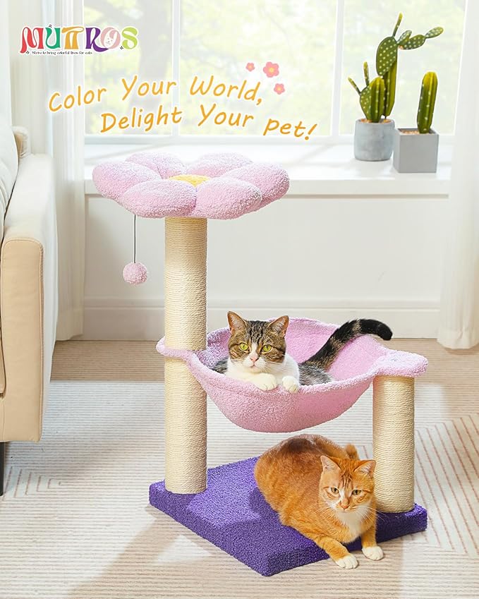 Flower Cat Scratching Post, 28" Cute Cat Tree Tower for Indoor Cats with Large Hammock Soft Perch Bed, Replaceable Toy Ball for Kittens, Purple-PurrikoPets