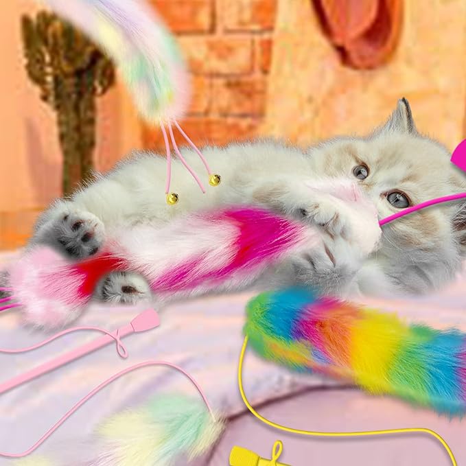 4 Pack Cat Wand Toy, Rainbow Cat Feather Toys with Bells, Teaser Wand with Soft Furry Tail, Interactive Toys for Indoor Cats & Kitten & Kitty-PurrikoPets