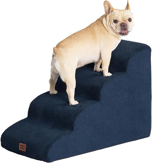 EHEYCIGA Curved Dog Stairs Ramp for High Beds 19.7" H, 4-Step Dog Steps for Small Dogs and Cats, Pet Stairs for High Bed Climbing, Non-Slip Balanced Pet Step Indoor, Navy-PurrikoPets