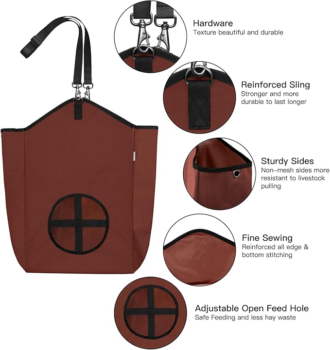 3 Packs Goat Hay Feeder,Hay Bags for Goats,Horses,Sheep,Premium 600D Oxford Cloth,with Metal Fastener and Adjustable Open Feed Hole for Slow Feeding. (2Brown + 1Black)-PurrikoPets