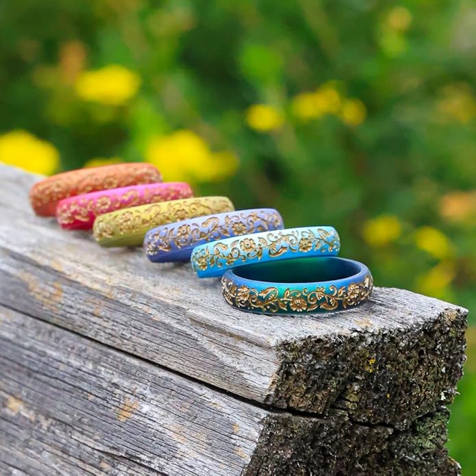 Knot Theory Nordic Bloom Silicone Ring for Men Women - Black, Metallic Blue, Cosmic Purple, Fuchsia, Northern Lights Breathable Comfort Fit 6mm Bandwidth