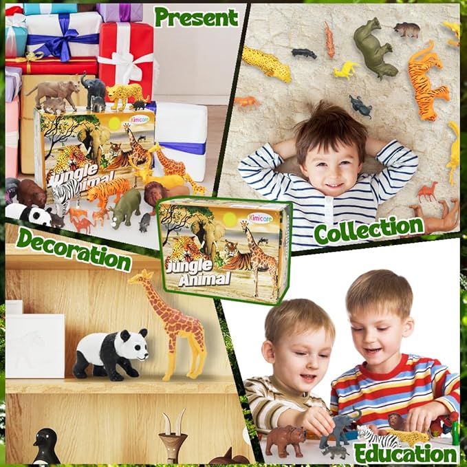 24Pcs Safari & Zoo Animals Figures, Realistic Plastic Animal Toys Set for Kids 1 2 3, Lion, Elephant, Perfect for Play, Education, Baby Shower Decor,Party Supplies Cake Topper-PurrikoPets