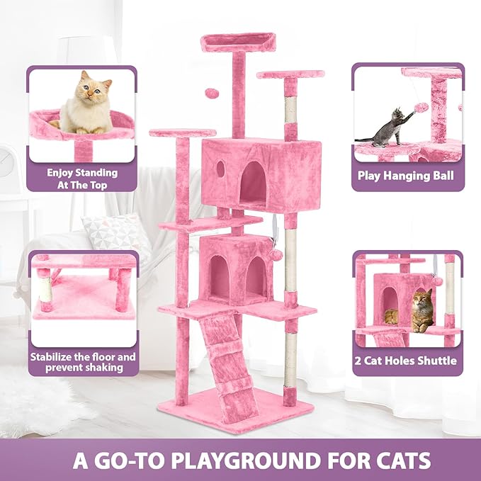 70 inches Cat Tower for Indoor Cats Multi-Level Cat Condos for XL Cat Tree Cat Climbing Tower with Scratching Posts, Hanging Toys,Pink-PurrikoPets